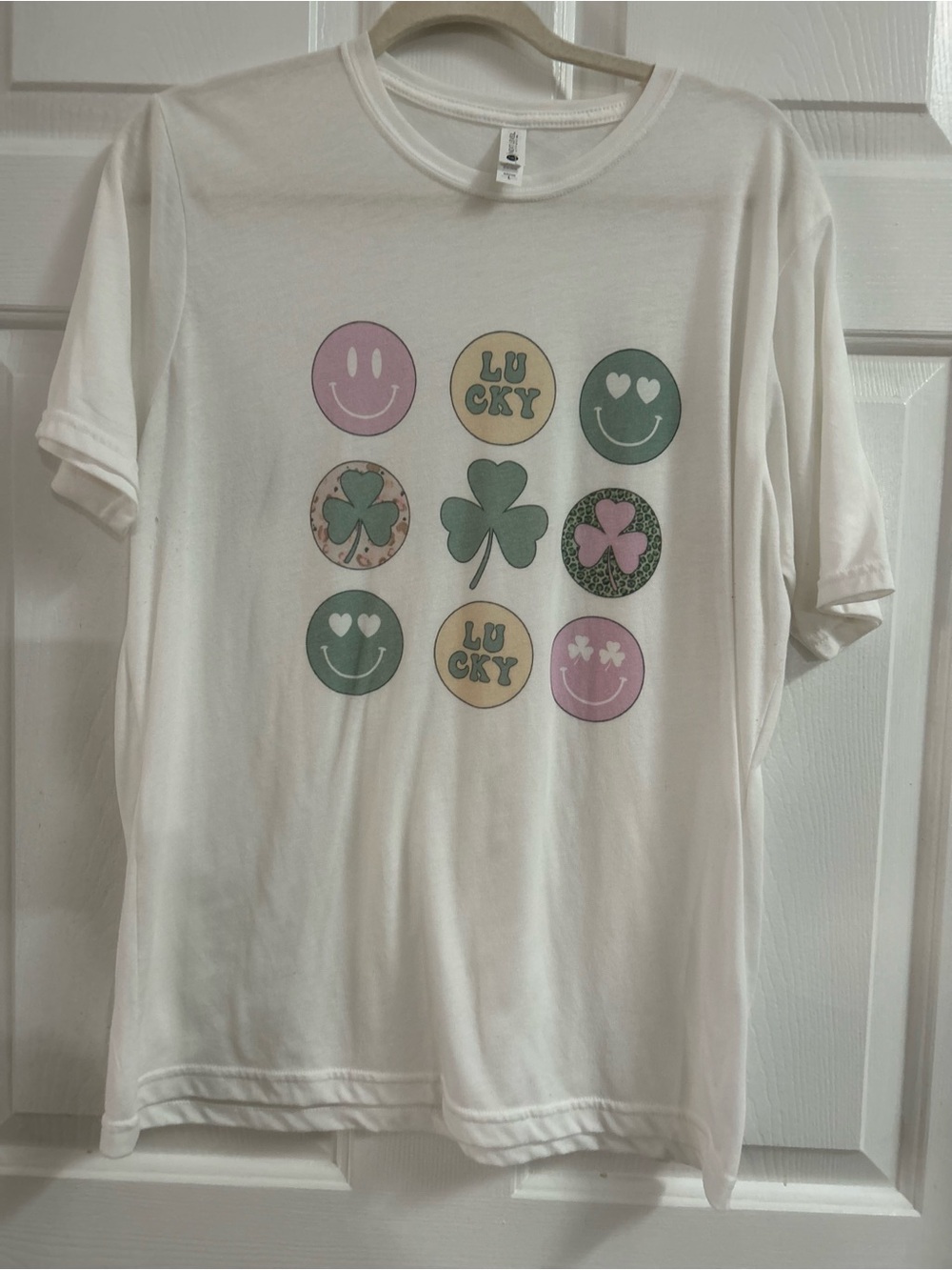 Next Level Apparel White Graphic Tee with Pastel Green & Pink Icons